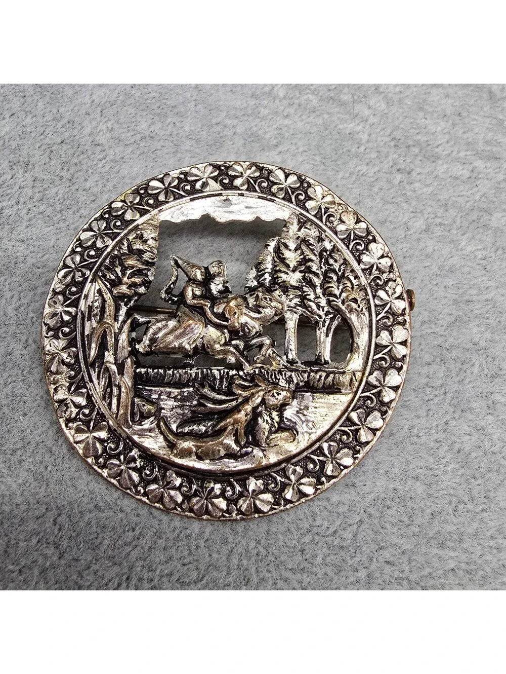 Vintage Art Nouveau Hunting Scene Brooch Openwork Princess Knight Storybook Pin